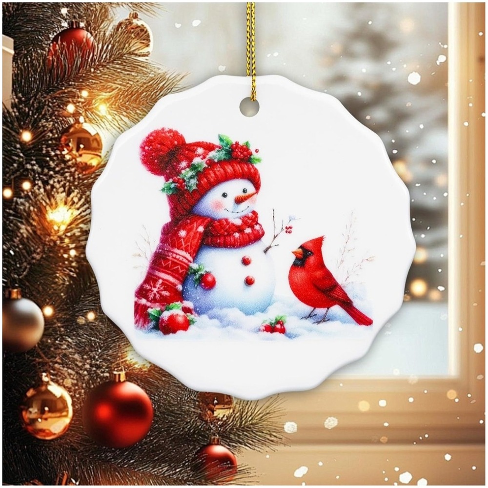 Ceramic‎ Christmas Ornament Snowman Cardinal Red Scarf Winter Holiday Decor